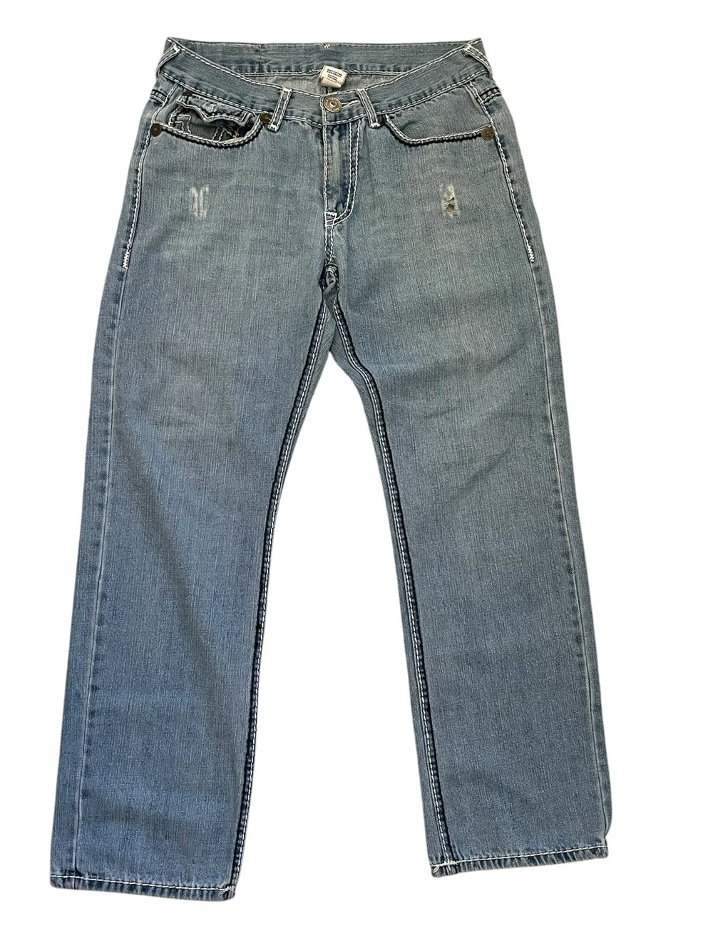 True Religion Joey Super T Jeans 34x30 Light Wash Bootcut USA Contrast Stitch